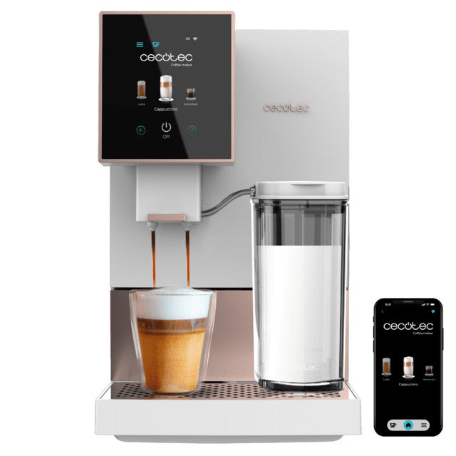 Cremmaet Compactccino Connected White Rose Compact super-automatic coffee machine with 19 bars, TFT screen and Wi-Fi, milk tank and Thermoblock system.